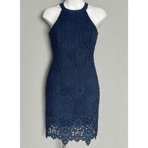 Navy‎ Blue Lace Bodycon Halter Cocktail Dress Women’s Small Semi Formal New